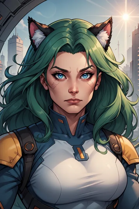 a woman with green hair and a cat ears is standing in front of a city