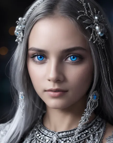 Upper body photo. 1Girl.  Surreal photo of an alien otherworldly being with silver metallic skin, bright eyes, and intricate clothing patterns. Perfect eyes, highly detailed beautiful expressive eyes, detailed eyes. Cleavage. Glowing orbs.  Background is of an alien planet. Curved landscape. 35mm photograph, film, bokeh, professional, 4k, highly detailed dynamic lighting, photorealistic, raw, rich, intricate details. Photo uses an abundance of silver, blue, grey, black, and white.