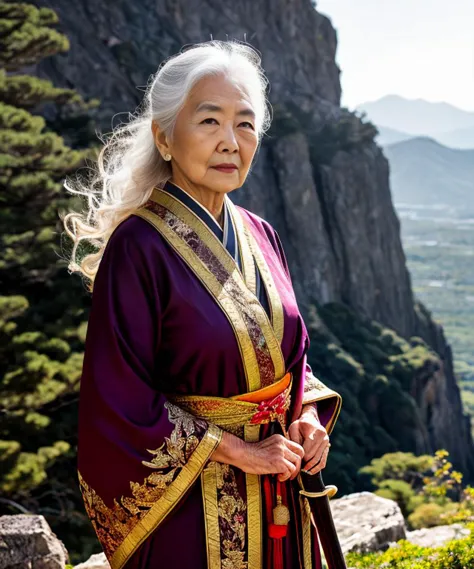 confident and sharp Japanese grandmother strong, regal ancient queen, pale makeup, holding a sword, ready for battle, epic pose, dynamic lighting, outdoors, near cliff, mountains in background