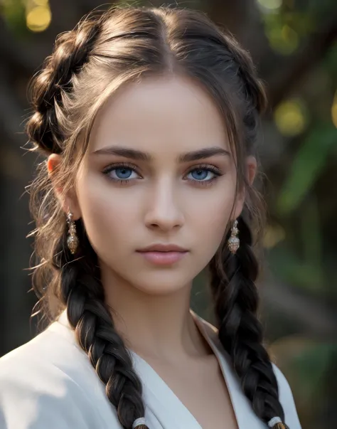 a close up of a woman with long hair and blue eyes