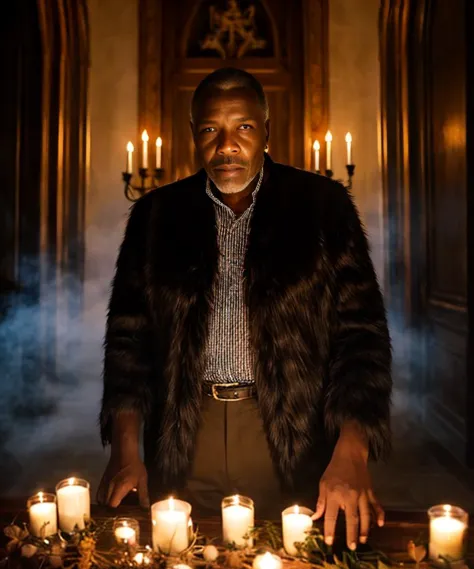 beautiful and sharp man African late 60s grandfather vampire in gothic elegant Halloween skeleton makeup, surrounded by candles in a castle with mist and led dynamic lightings, stone interior design, hardwood mahogany plants and beautiful windows to secret mythic outdoors, portrait hd masterpiece photography