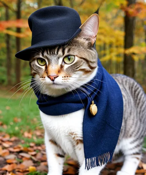 araffe cat wearing a hat and scarf in a park