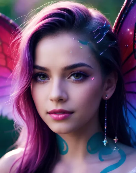 1Female. Volumetric lighting, vibrant colors, abstract environment, cute, eyelashes, firm breasts, surreal, pretty girl, vivid colors, looking longingly, seductive, (head tilted up), extreme pleasure, fantastic, g0thic, glowing, rain, wet, stars, close up, leaning forward, fairy, wings, fairy wings, tribal body paint, flowers. 35mm photograph, film, bokeh, professional, highly detailed dynamic lighting, photorealistic, 8k, raw, rich, intricate details, key visual, vivid cool colors.