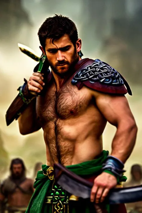 a shirtless man in a green outfit holding a sword