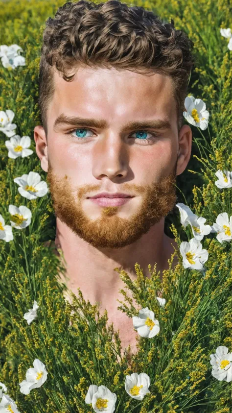 arafed man with a beard and blue eyes laying in a field of flowers