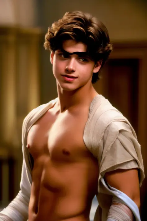 an Attractive young  Froy Gutierrez as Antinous in ruffled poet shirt prince cloth, long sleeve, highly detailed, artesian, young anakin skywalker, masterpiece, best quality, highres, realistic, showing chest, pecs, bare chest, muscle pecs, sly grin, stick...