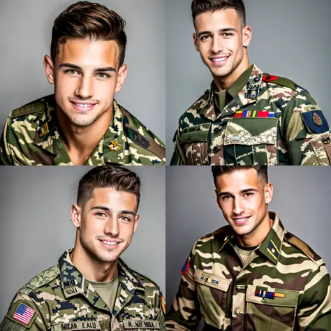 masterpiece, best quality, highres, realistic, 1boy, male focus, solo, realistic, camouflage, military, uniform, brown eyes, looking at viewer, facial hair, upper body, black hair, smile, shirt, grey background, stubble, simple background, brown hair, shor...