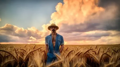 masterpiece, best quality, highres, realistic, a barechest homoerotic man standing in a field of wheat, 1boy, male focus, solo, straw hat, overalls, outdoors, naked overalls, realistic, sky, mustache, cloud, field, day, looking at viewer, cloudy sky, stand...
