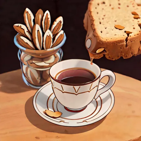 there is a cup of coffee and a plate of cookies on a table