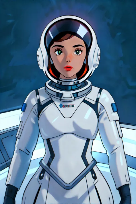 a cartoon picture of a woman in a space suit standing in a spaceship