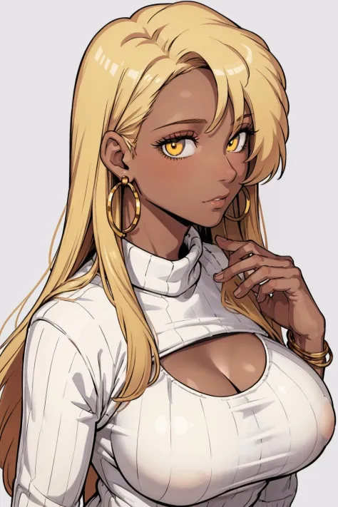 (masterpiece, best quality:1.2),  <lora:cervina:1>, cervina, 1girl, breasts, hoop earrings, solo, meme attire, jewelry, dark-skinned female, dark skin, open-chest sweater, sweater, earrings, long hair, bracelet, cleavage, cleavage cutout, yellow eyes, clothing cutout, large breasts, white background, looking at viewer, simple background, turtleneck, upper body, ribbed sweater, blonde hair