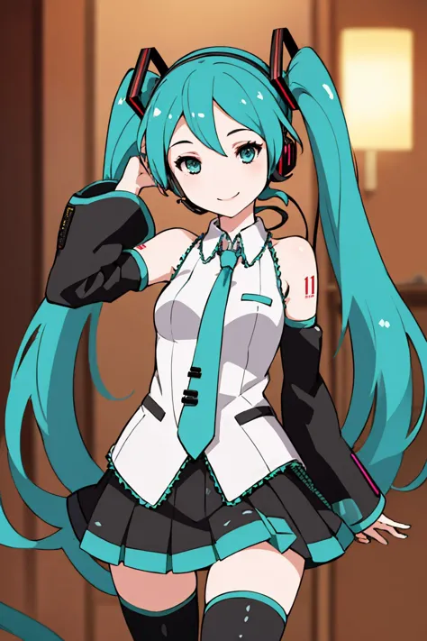 (masterpiece, best quality:1.2), <lyco:style_ideolo-10:1.0>, cowboy shot, solo, 1girl, hatsune miku, smile, looking at viewer, twintails, headphones, sleeveless shirt, necktie, detached sleeves, skirt, thighhighs