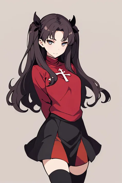 (masterpiece, best quality:1.2), <lyco:style_ideolo-10:1.0>, cowboy shot, solo, 1girl, tohsaka rin, slight smile, looking at viewer, arms behind back, two side up, red sweater, cross, black skirt, thighhighs