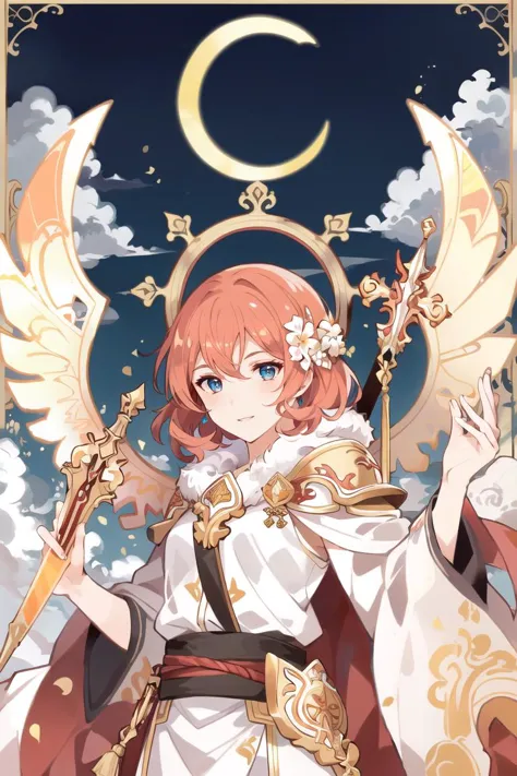 ((best quality)), ((highly detailed)), masterpiece, (detailed eyes, deep eyes), (1girl), (glasses), upper body, ((archangel with a fire spear and a shieldarmor)), angelic, large white wings, symmetrical wings, (halo), golden glow, calm smile, short hair, flowing (white robe), (cross), Strawberry Blonde hair, blue eyes, (floating hair), (clouds), (on an active  volcano), <lora:style_ideolo:1>