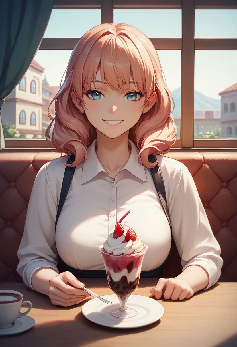 score_9, score_8_up, score_7_up,CONCEPT_PovDating_ownwaifu, 1girl, cup, smile, window, looking at viewer, indoors, pov across table, cafe, sitting, parfait, food, ice cream, upper body, chair, saucer, pov dating,