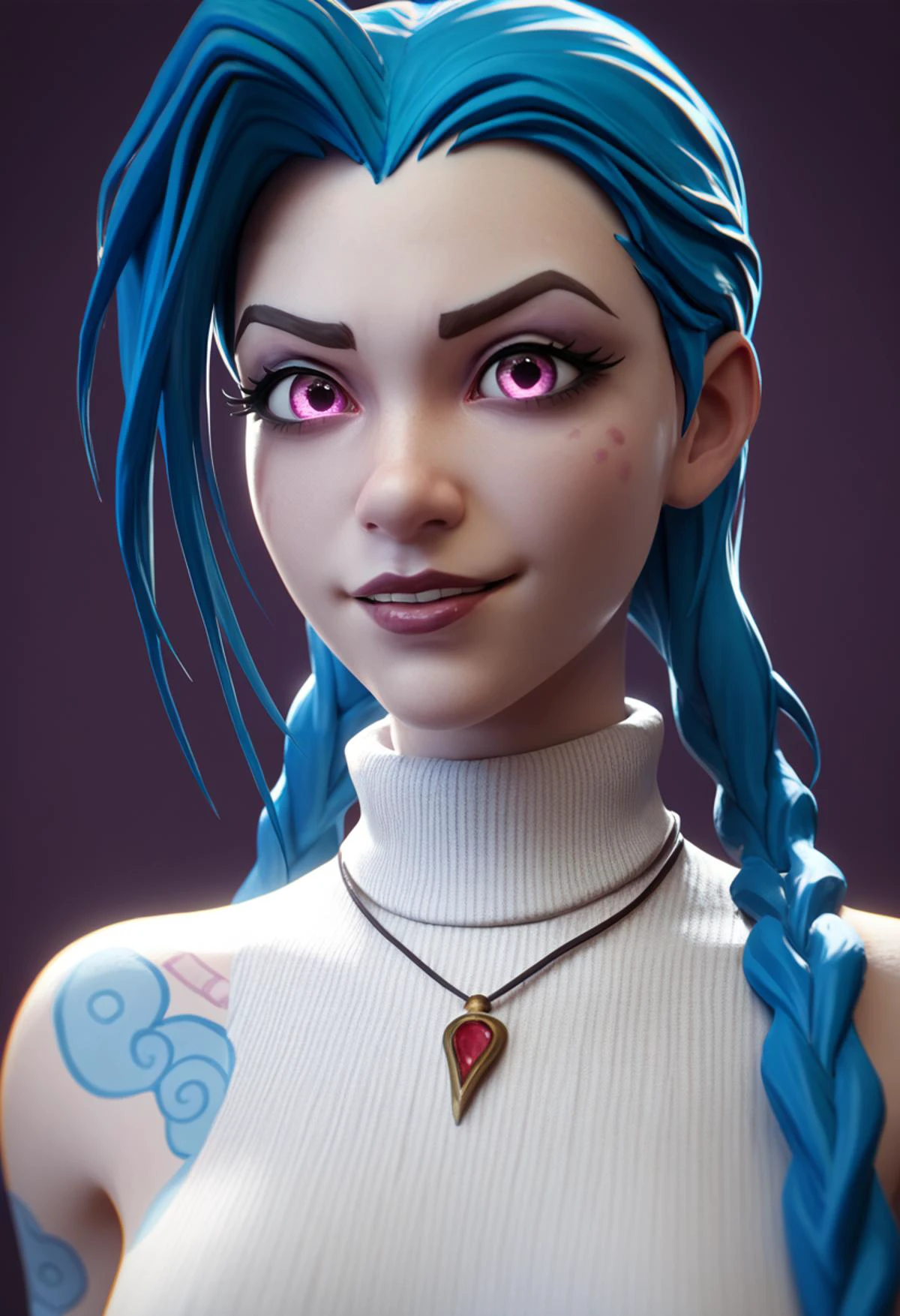 score_9, score_8_up, score_7_up, score_6_up, BREAK 1girl, solo, jinx \(league of legends\), portrait, looking at viewer, purple background, sidelighting, backlighting, turtleneck sweater, 3d, realistic, sleeveless, necklace, makeup, glowing,