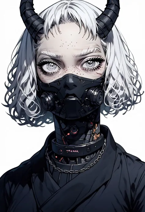 (score_9, score_8_up), score_7_up, zPDXL, 1girl, middle age, granny, freckles, white hair, short hair, curly hair, grey eyes, (one robotic eye,:1.2) bionic eye, tools belt, long horns, horned, two horns, technicians outfit, workshop outfit, one robotic arm, robotic arm, black facemask, full facemask,(arm chains:1.2), conceptart,multiple views,white background,simple background, <lora:Sinozick_Style_XL_Pony:1>, sinozick style, zPDXL