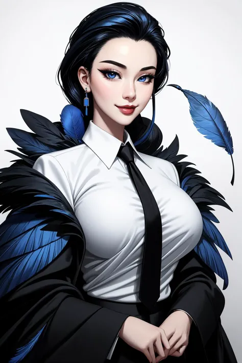 ((Masterpiece, best quality)), edgQuality,smug,smirk,bimbo,glossy,
edgfbb, a woman in a black suit and white shirt , wearing edgfbb fashion,covered in blue feathers,
 <lora:edgFanBingBing_MINI:1>