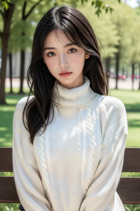 best quality, photorealistic, 8k, high res, full color, 1girl, woman, 20 years old woman, (skindentation), (portrait:0.6), trees, park bench, daylight, ((park background:1.52)), full color, ((necksweater:1.68)), straight-looking at viewer:1.8, (1girl eyes ...