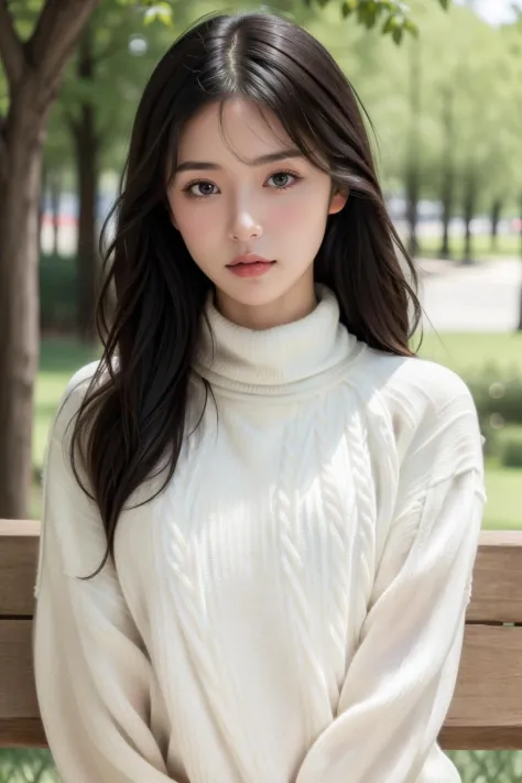 best quality, photorealistic, 8k, high res, full color, 1girl, woman, 20 years old woman, (skindentation), (portrait:0.6), trees, park bench, daylight, ((park background:1.52)), full color, ((necksweater:1.68)), straight-looking at viewer:1.8, (1girl eyes ...