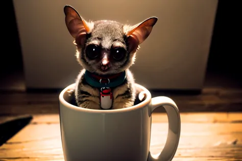 there is a small cat sitting in a cup on a table