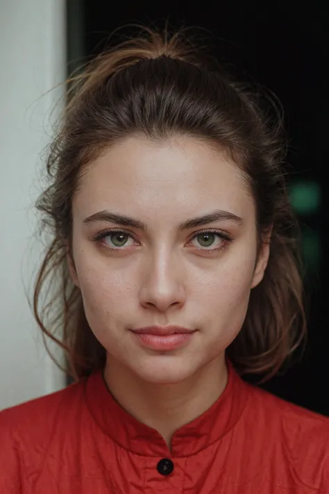 a close up of a woman with a red shirt and a tie