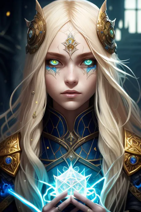 a woman with blue eyes and gold armor holding a crystal ball