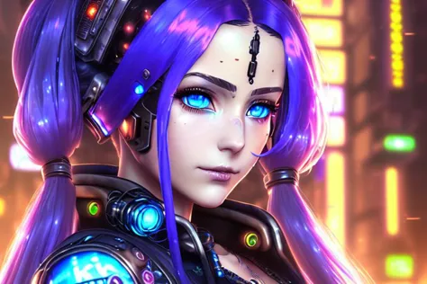 a close up of a woman with purple hair and a blue light