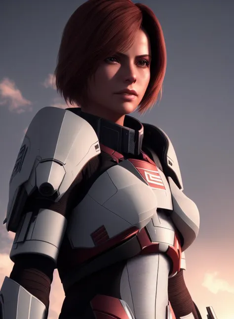 a woman in a futuristic suit standing in front of a cloudy sky