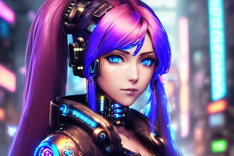 a close up of a woman with long hair and a futuristic outfit