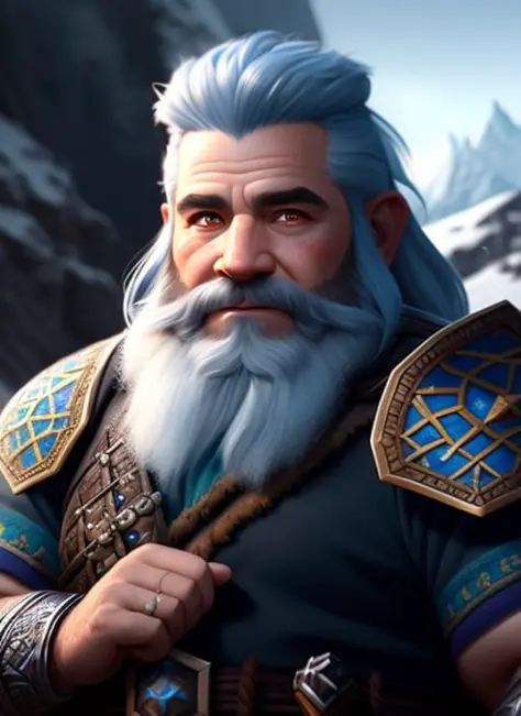 8k rendering, realistic digital painting of a rpg dwarf warrior, ice mountain, intricate details, fantasy universe, intricate magical embroidery, very detail hair, very detail eyes, intense face, [elden ring|d & d] concept art, rpg portrait, octane render, cinematic lighting, (soft shadow:1.2), depth of field, splash art, art by wlop and greg rutkowski