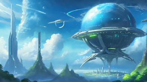 a close up of a futuristic city with a large blue sphere