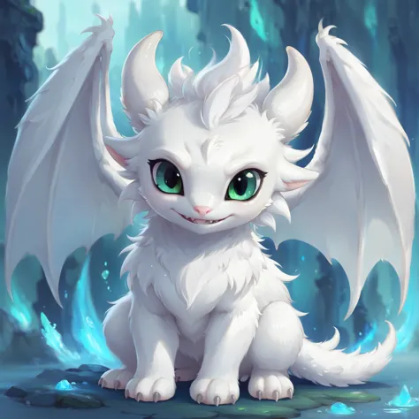 a close up of a white dragon with green eyes sitting on a rock