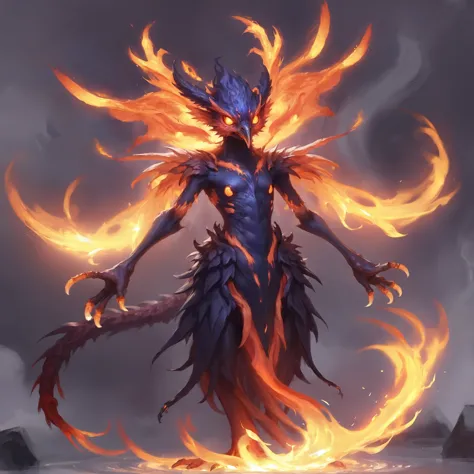 a digital painting of a demonic creature with fire in his hands