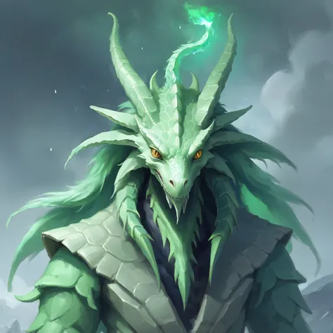 a close up of a green dragon with a green light on its head