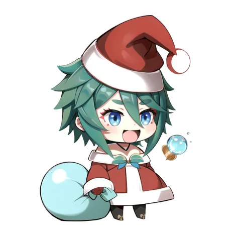 anime girl with green hair and santa hat blowing bubbles