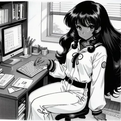 anime girl sitting at a desk with a computer and keyboard