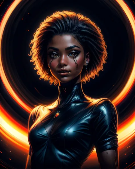 a woman in a black leather outfit standing in front of a glowing circle