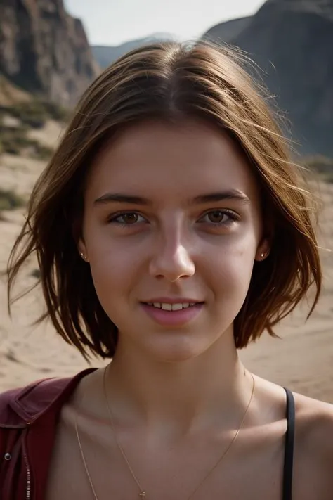 a woman with a necklace on her neck standing in the desert