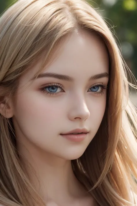 a close up of a woman with long blonde hair and blue eyes