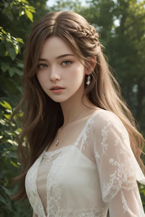 a woman in a white dress standing in front of a tree