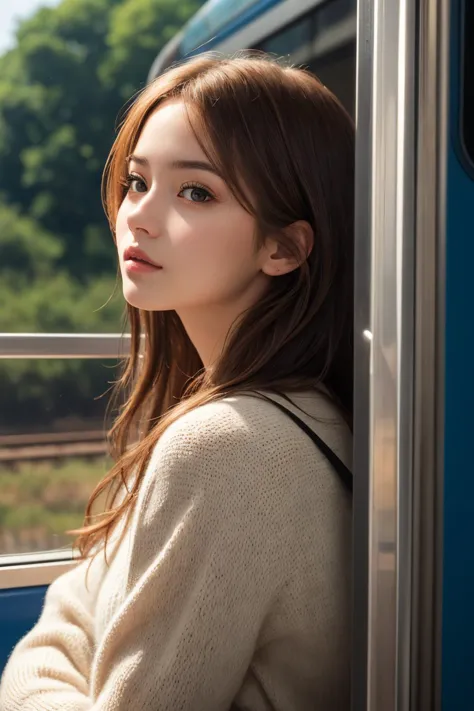 a woman sitting on a train looking out the window