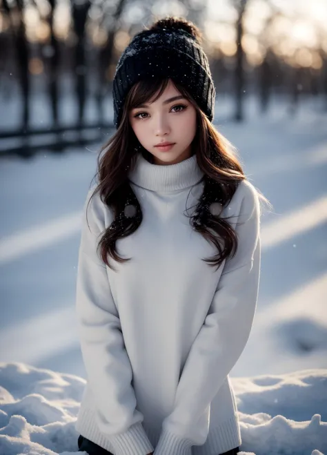 a woman in a white sweater and black hat sitting in the snow