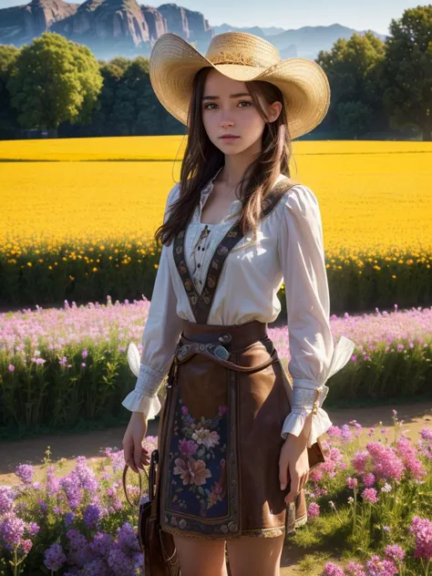 best quality,HDR,UHD,8K,Vivid Colors,solo,photo_,(1girl:1.3),(standing:1.3),(looking at viewer:1.4),Elegant,detailed gorgeous face,(cowboy shot:1.2),morning,(flower field background:1.2),black eye,sunlight,dappled sunlight,marginal light,<lora:shoujibackground:0.5>,<lora:Twinkle20:0.75>,Twinkle,ribbon,