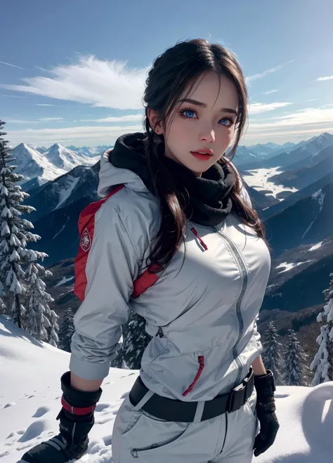 arafed woman in a white jacket and black gloves standing on a snowy mountain