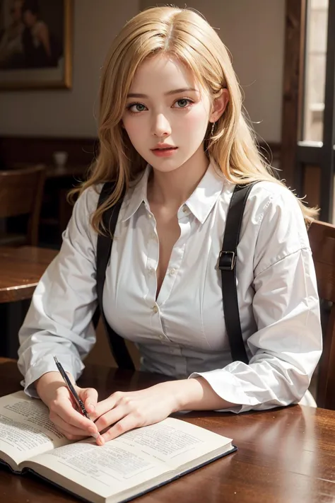 1girl, in cafe, reading book, modern, relaxing, intricate details, blonde hair, ((beautiful face)), (((best quality, masterpiece))),(((realistic))),