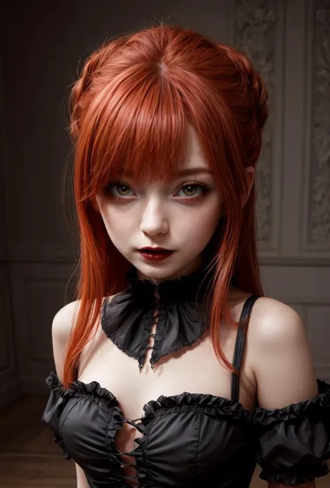 a close up of a woman with red hair wearing a black dress