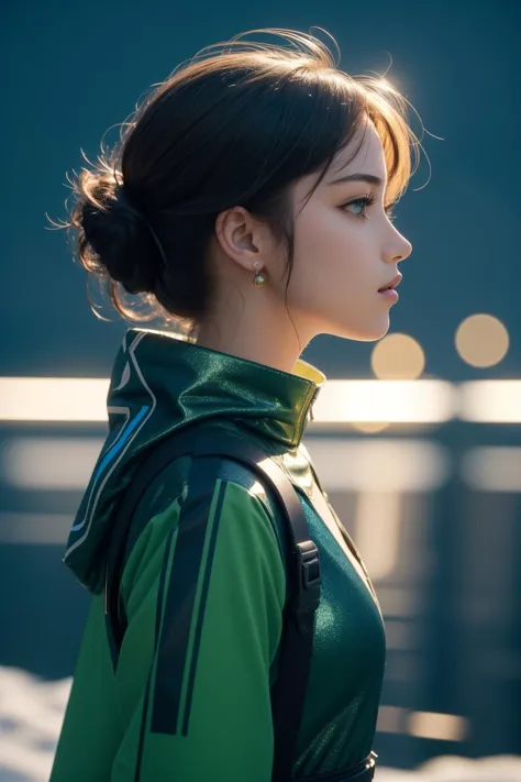 a woman in a green jacket looking away from the camera