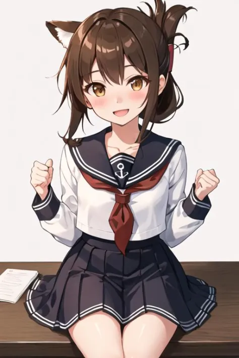 best quality, masterpiece, highres, solo, {inazuma_kantaicollection:1.15}, brown_hair, folded_ponytail, brown_eyes, serafuku, long_hair, blush, open_mouth, smile