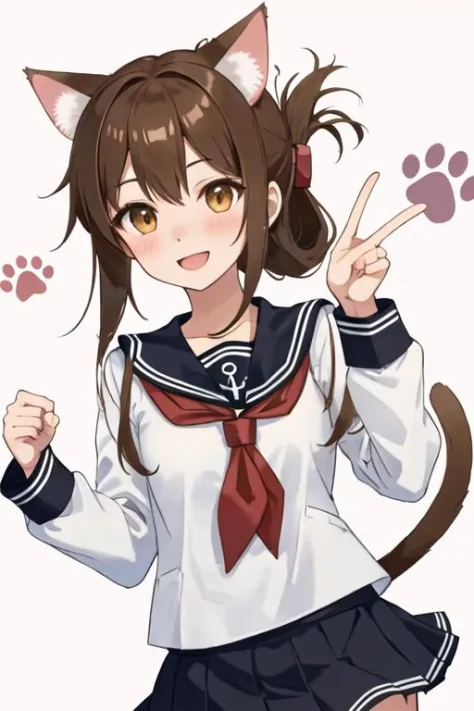best quality, masterpiece, highres, solo, {inazuma_kantaicollection:1.15}, brown_hair, folded_ponytail, brown_eyes, serafuku, long_hair, blush, open_mouth, smile, 1girl, animal_ears, cat_ears, kemonomimi_mode, looking_at_viewer, school_uniform, neckerchief...